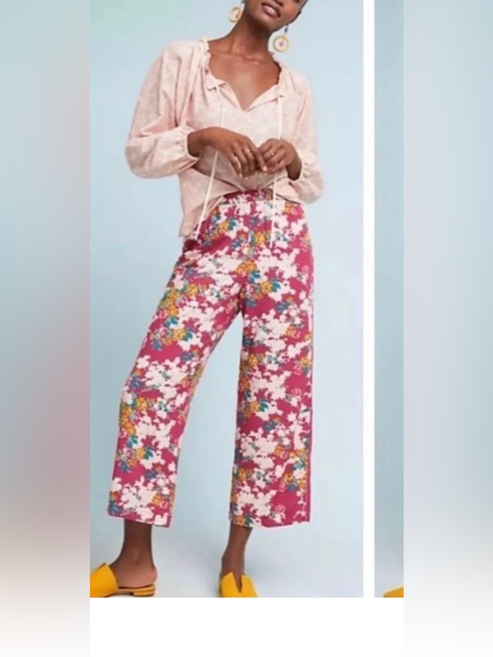 Anthropologie ett:twa Rose Red Floral Wide-Leg Pants with Stripe Side